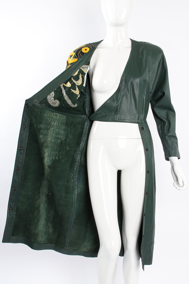 Vintage Suede Club Leather Appliqué Wrap Dress on Mannequin open at Recess Los Angeles