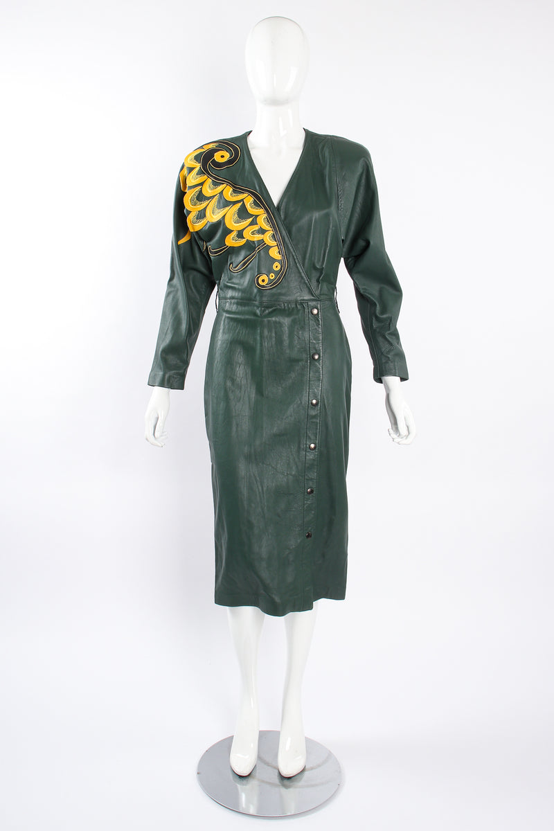 Vintage Suede Club Leather Appliqué Wrap Dress on Mannequin front at Recess Los Angeles