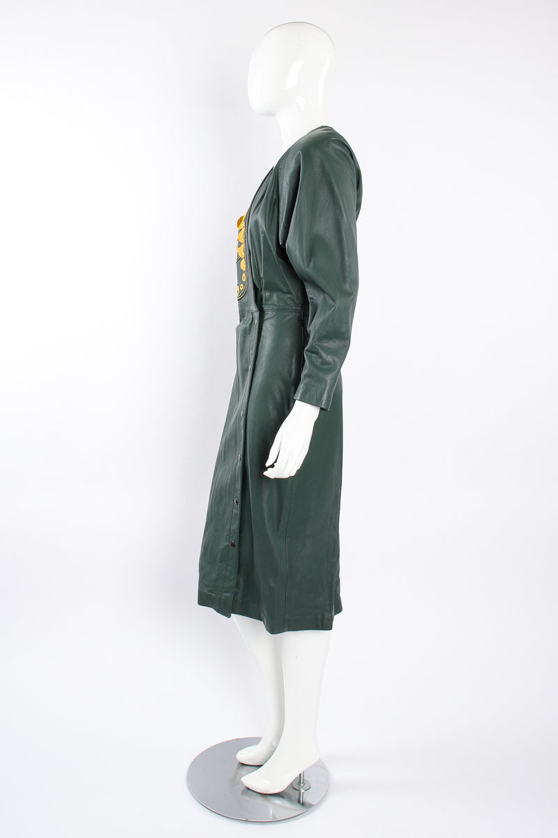 Vintage Suede Club Leather Appliqué Wrap Dress on Mannequin side at Recess Los Angeles
