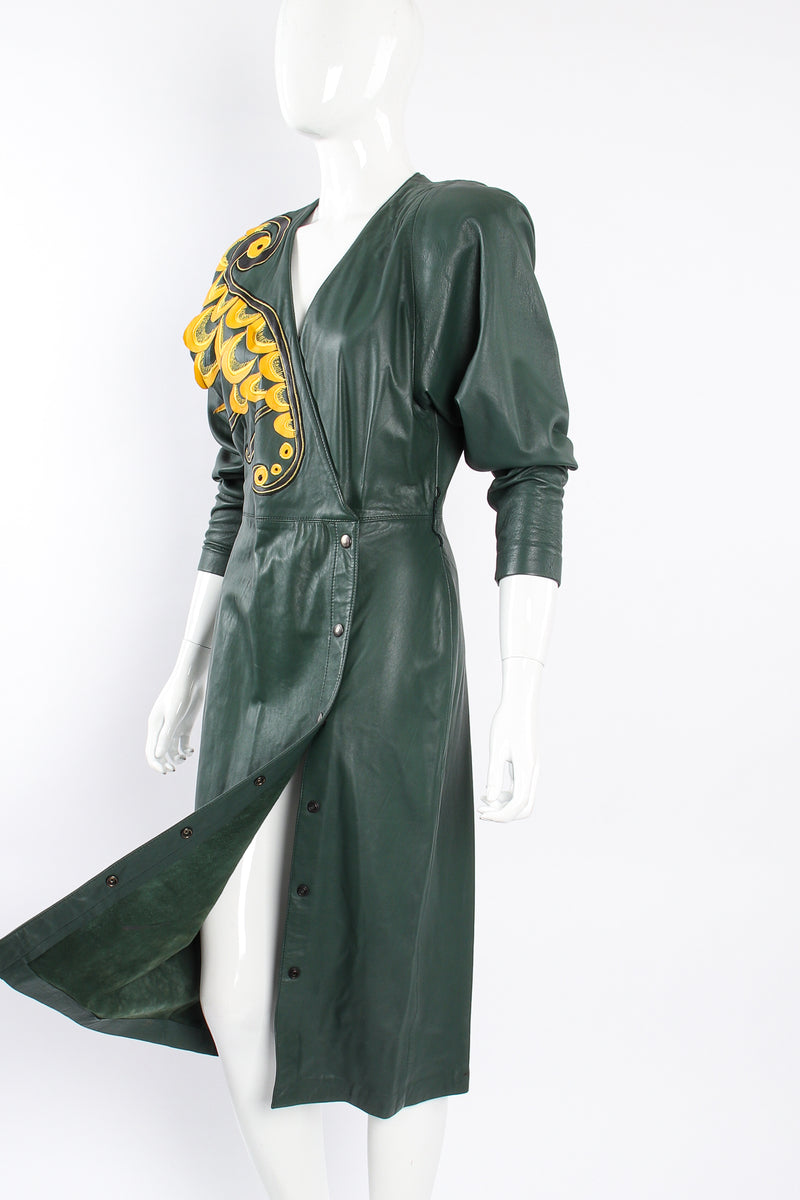 Vintage Suede Club Leather Appliqué Wrap Dress on Mannequin opening at Recess Los Angeles