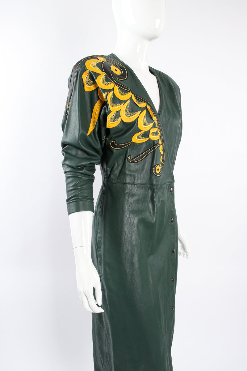 Vintage Suede Club Leather Appliqué Wrap Dress on Mannequin angle at Recess Los Angeles