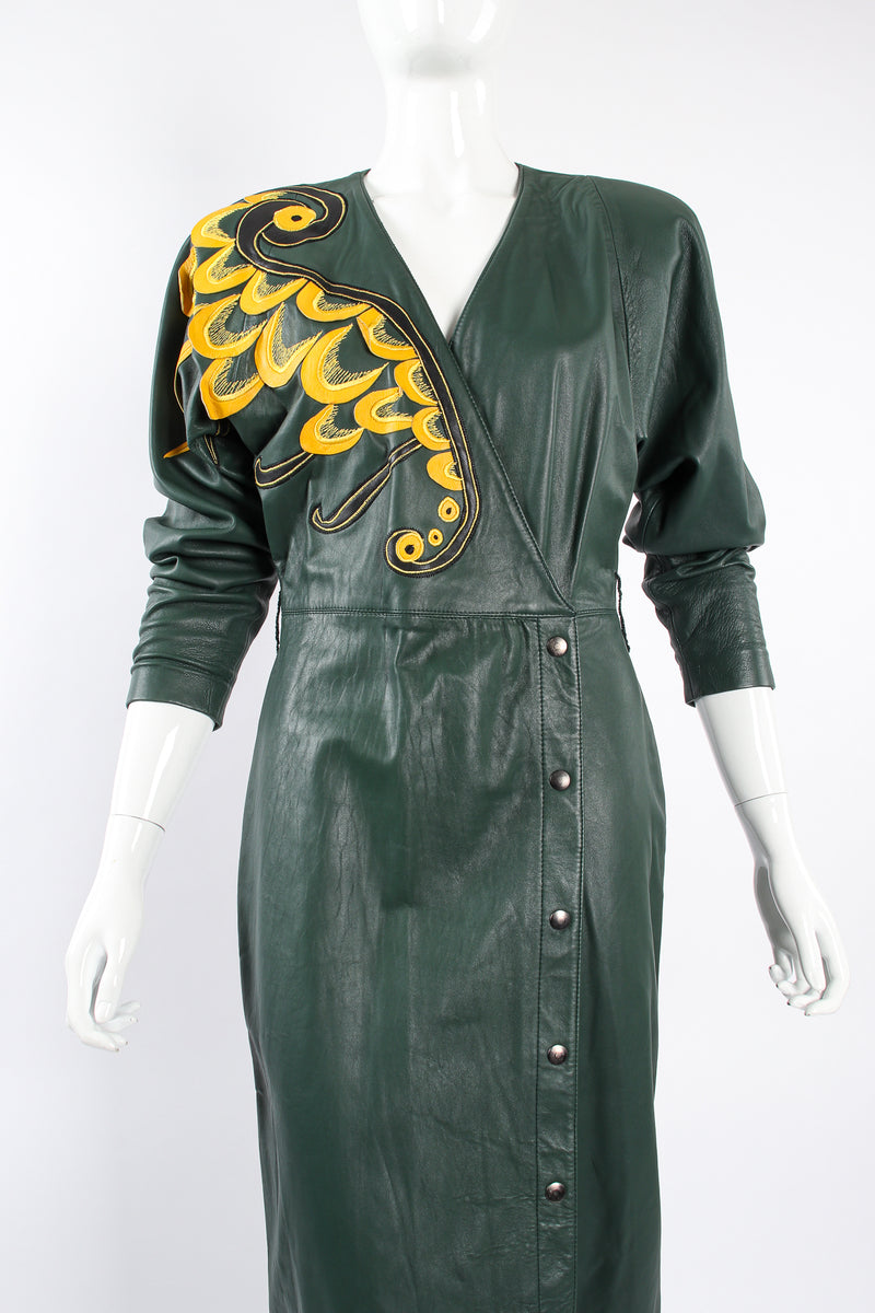 Vintage Suede Club Leather Appliqué Wrap Dress on Mannequin front crop at Recess Los Angeles