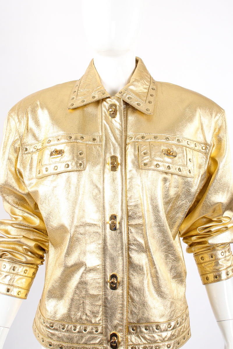 Vintage Suzelle Gold Leather Turnlock Jacket on Mannequin front pushed at Recess Los Angeles
