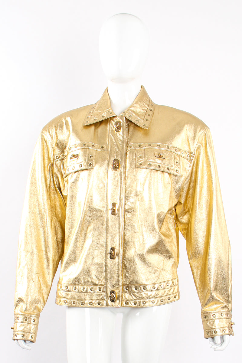 Vintage Suzelle Gold Leather Turnlock Jacket on Mannequin front at Recess Los Angeles