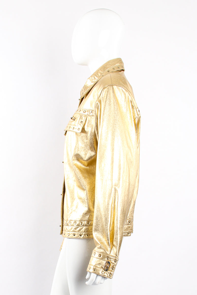 Vintage Suzelle Gold Leather Turnlock Jacket on Mannequin side at Recess Los Angeles
