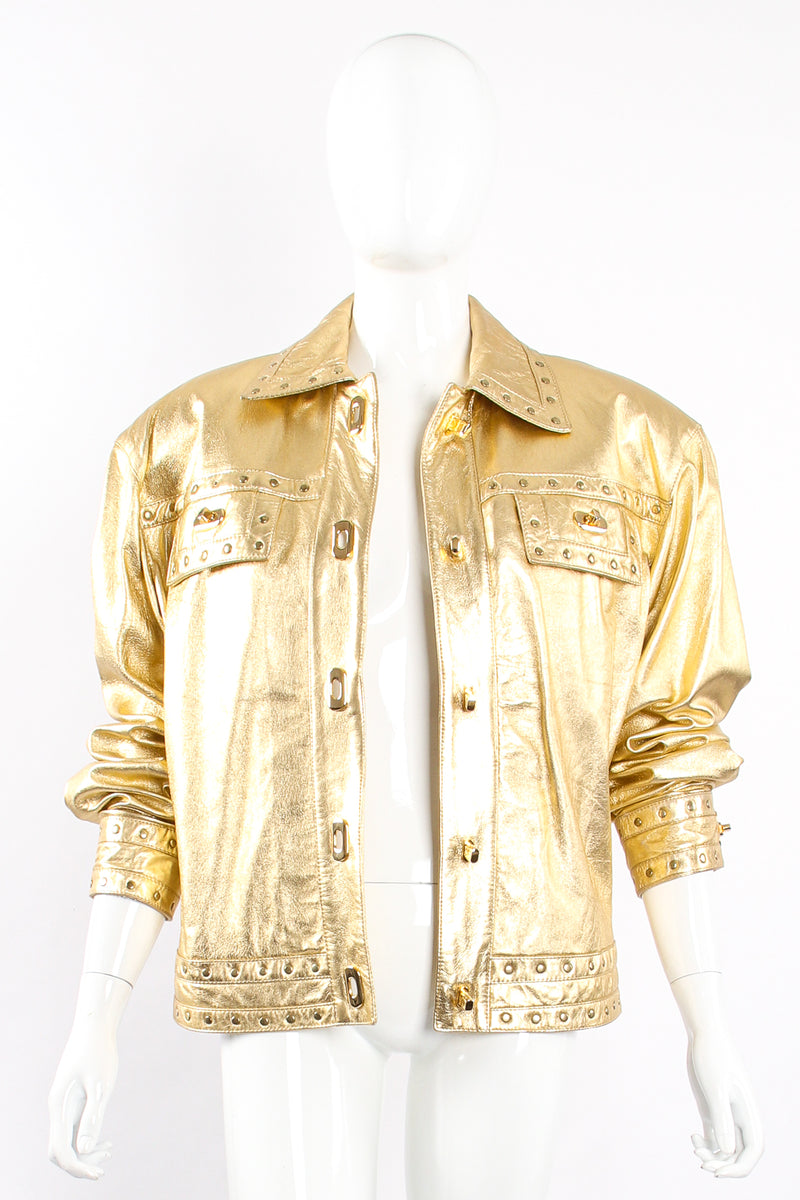 Vintage Suzelle Gold Leather Turnlock Jacket on Mannequin front open at Recess Los Angeles