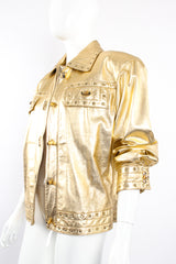 Vintage Suzelle Gold Leather Turnlock Jacket on Mannequin angle at Recess Los Angeles