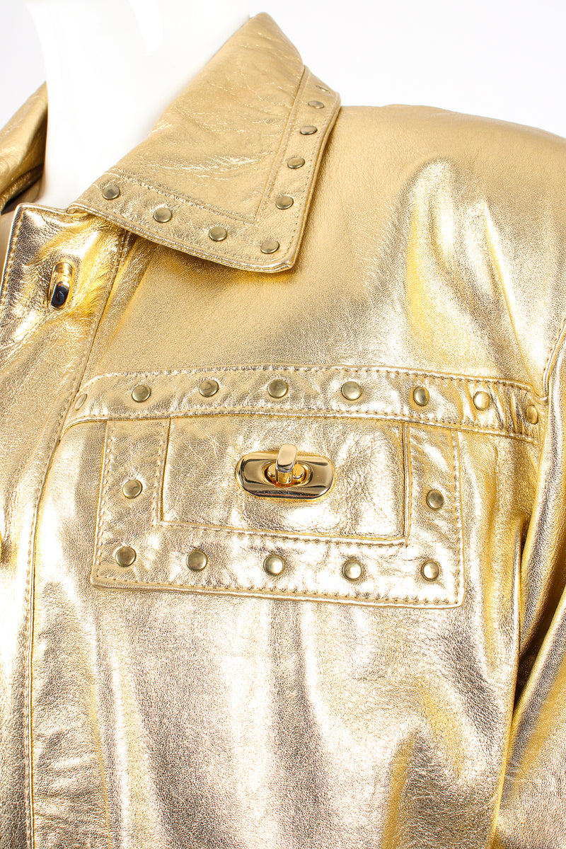 Vintage Suzelle Gold Leather Turnlock Jacket on Mannequin pocket detail at Recess Los Angeles