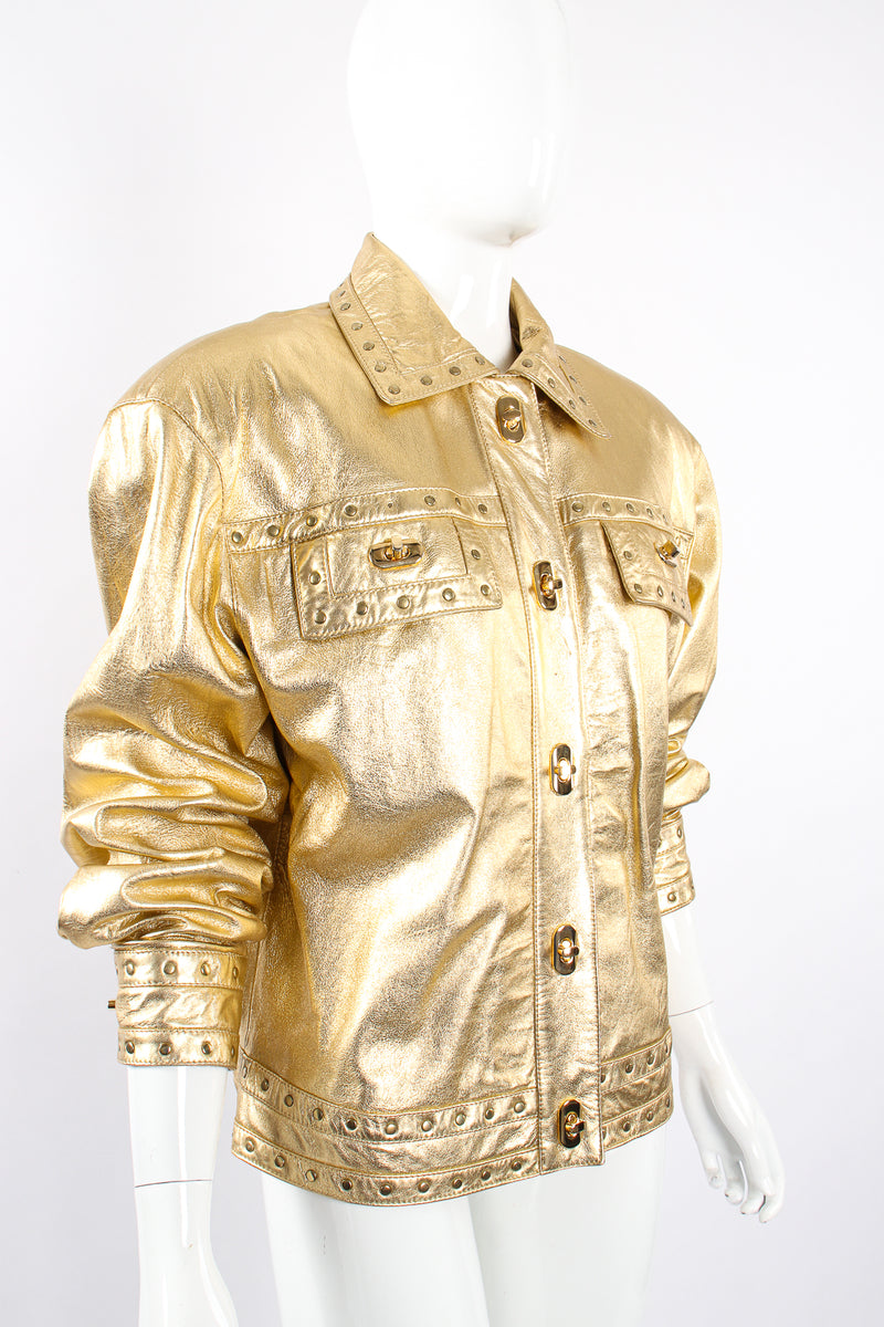 Vintage Suzelle Gold Leather Turnlock Jacket on Mannequin angle pushed at Recess Los Angeles