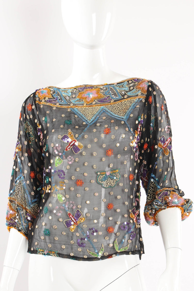 Vintage Sweelo Embroidered Sequined Dragonfly Top on mannequin at Recess Los Angeles