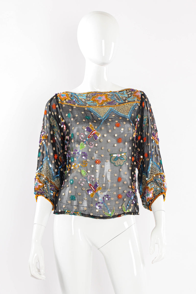 Vintage Sweelo Embroidered Sequined Dragonfly Top on mannequin front at Recess Los Angeles