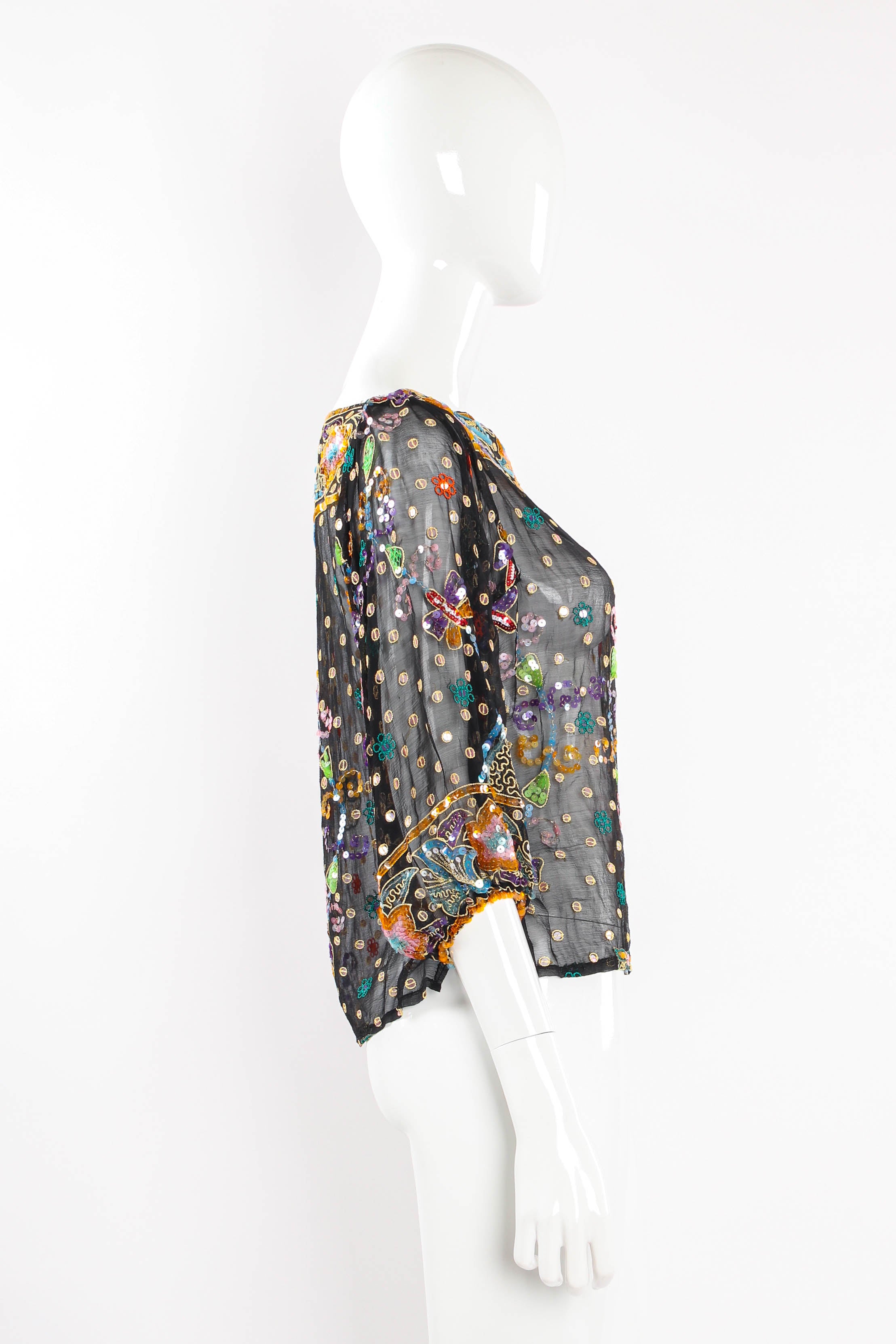 Vintage Sweelo Embroidered Sequined Dragonfly Top on mannequin side at Recess Los Angeles