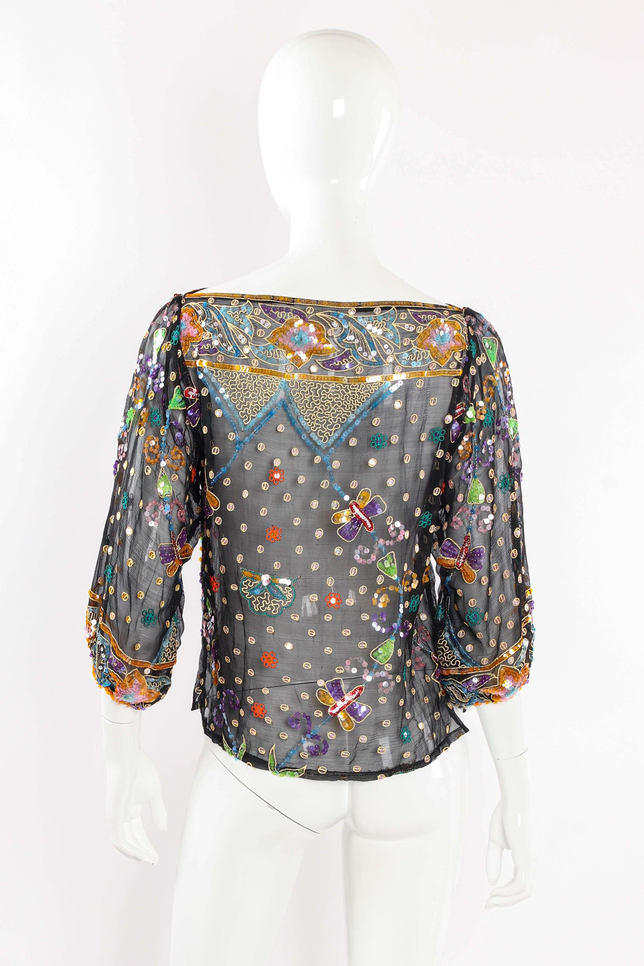 Vintage Sweelo Embroidered Sequined Dragonfly Top on mannequin back at Recess Los Angeles