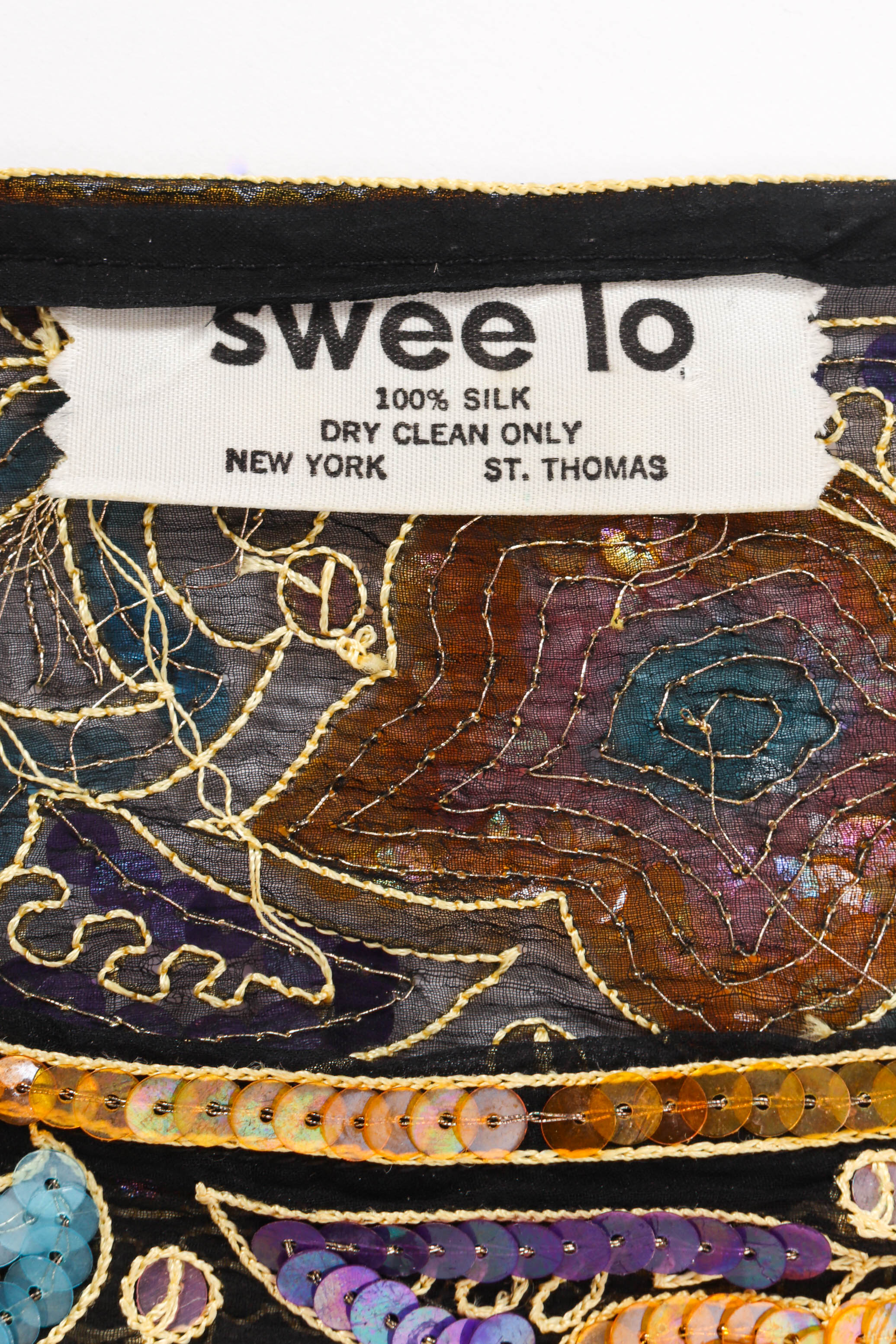 Vintage Sweelo Embroidered Sequined Dragonfly Top label front at Recess Los Angeles