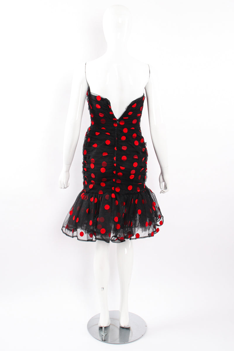 Vintage Tadashi Strapless Velvet Dot Mesh Dress on mannequin back at Recess Los Angeles