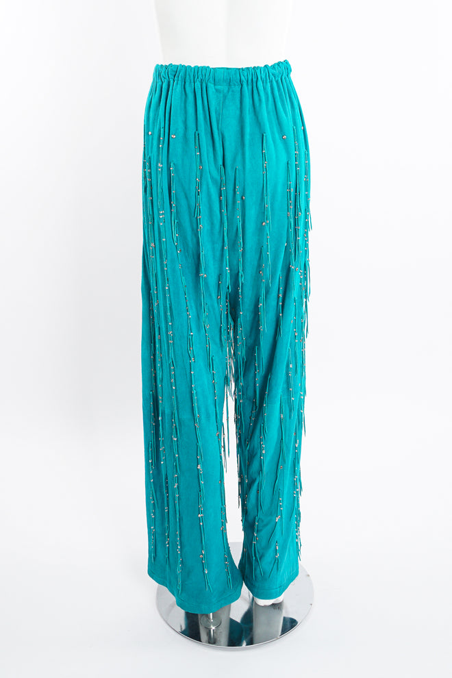 Vintage Jan Faulkner Teal Suede Fringe Pant Set on Mannequin back at Recess Los Angeles