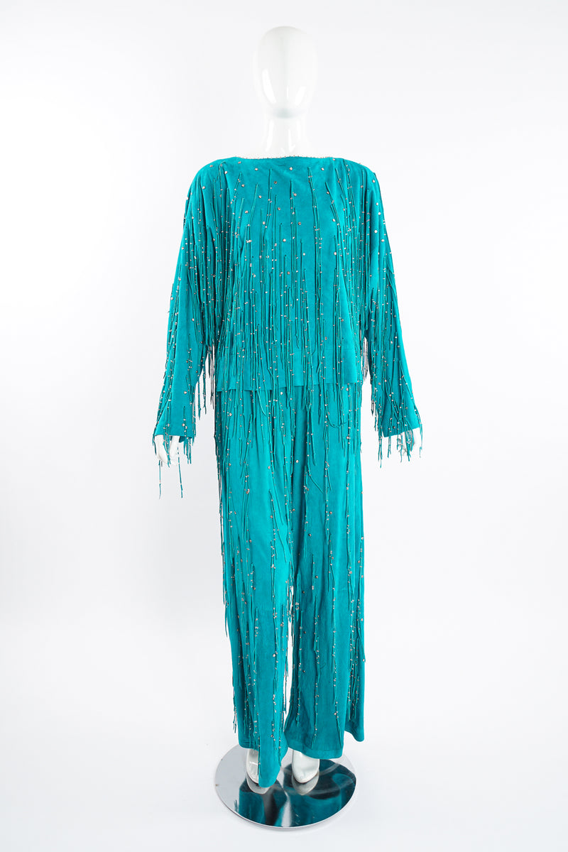 Vintage Jan Faulkner Teal Suede Fringe Top & Pant Set on Mannequin front at Recess Los Angeles