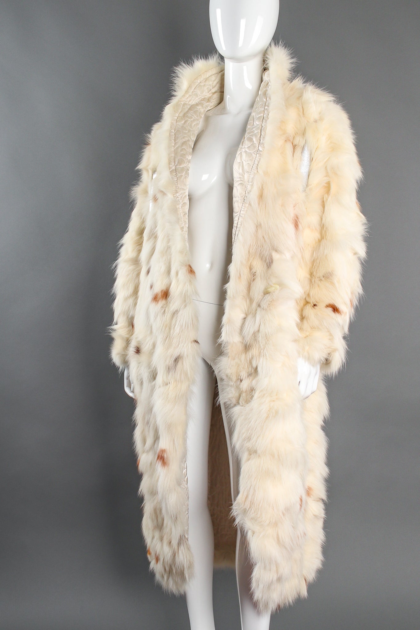 Vintage Ted Lapidus Long Fox Fur Rock Star Coat on Mannequin open at Recess Los Angeles