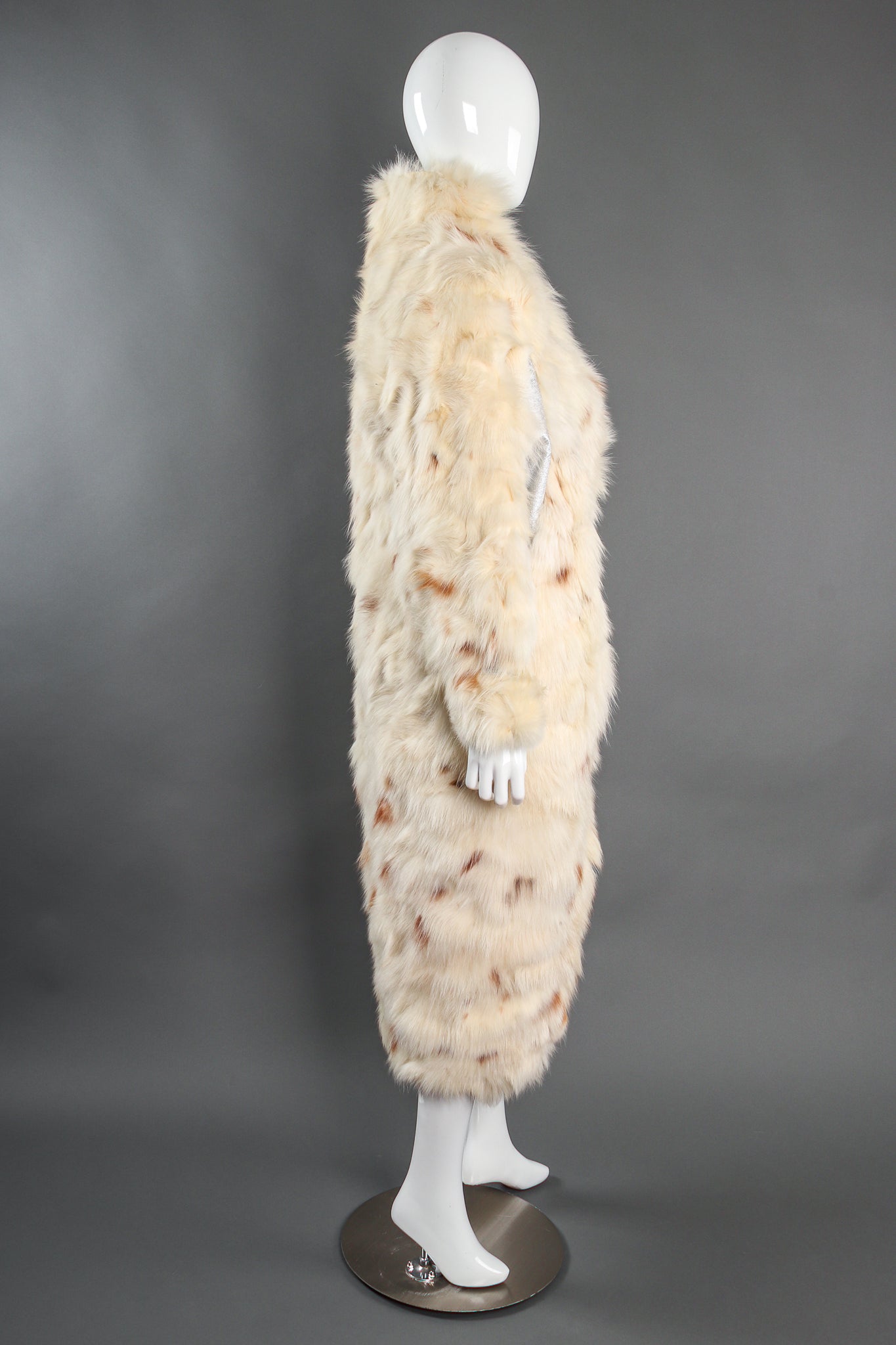 Vintage Ted Lapidus Long Fox Fur Rock Star Coat on Mannequin side at Recess Los Angeles
