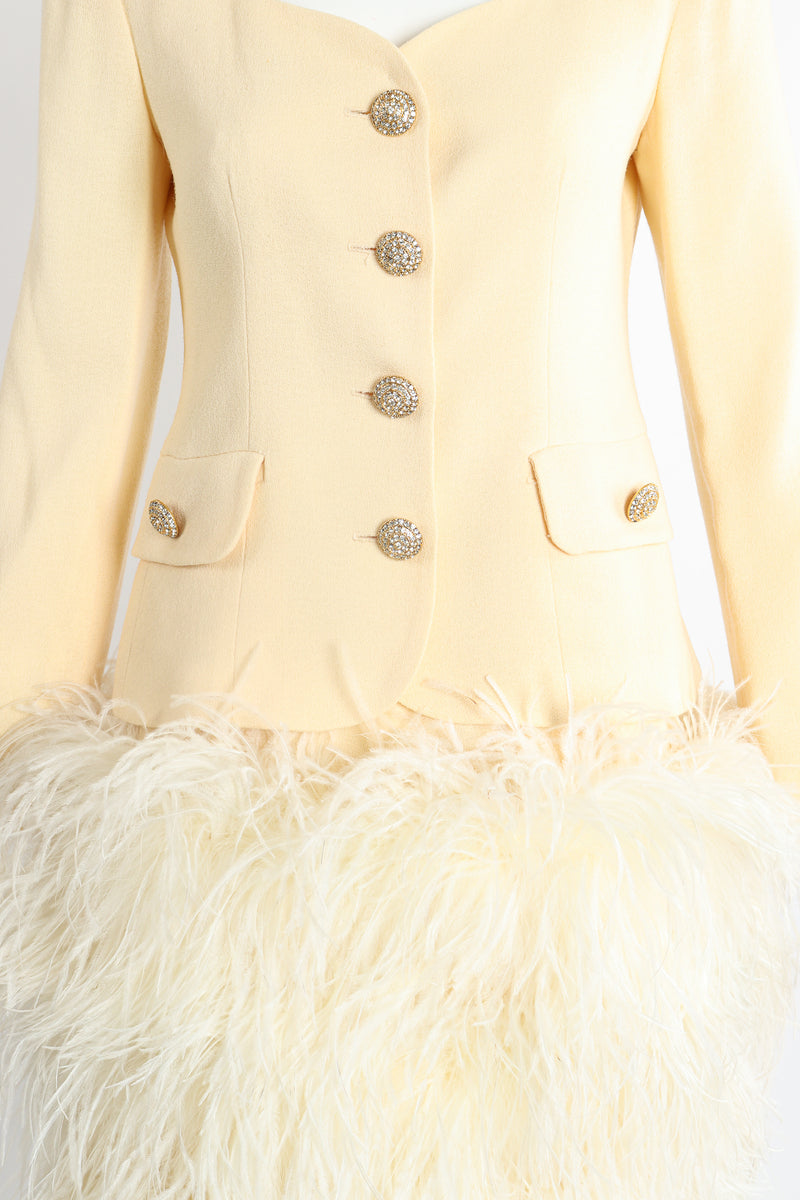 Vintage Teri Jon Wedding bridal Ostrich Pouf Jacket & Skirt Set on Mannequin Front Crop @ Recess LA