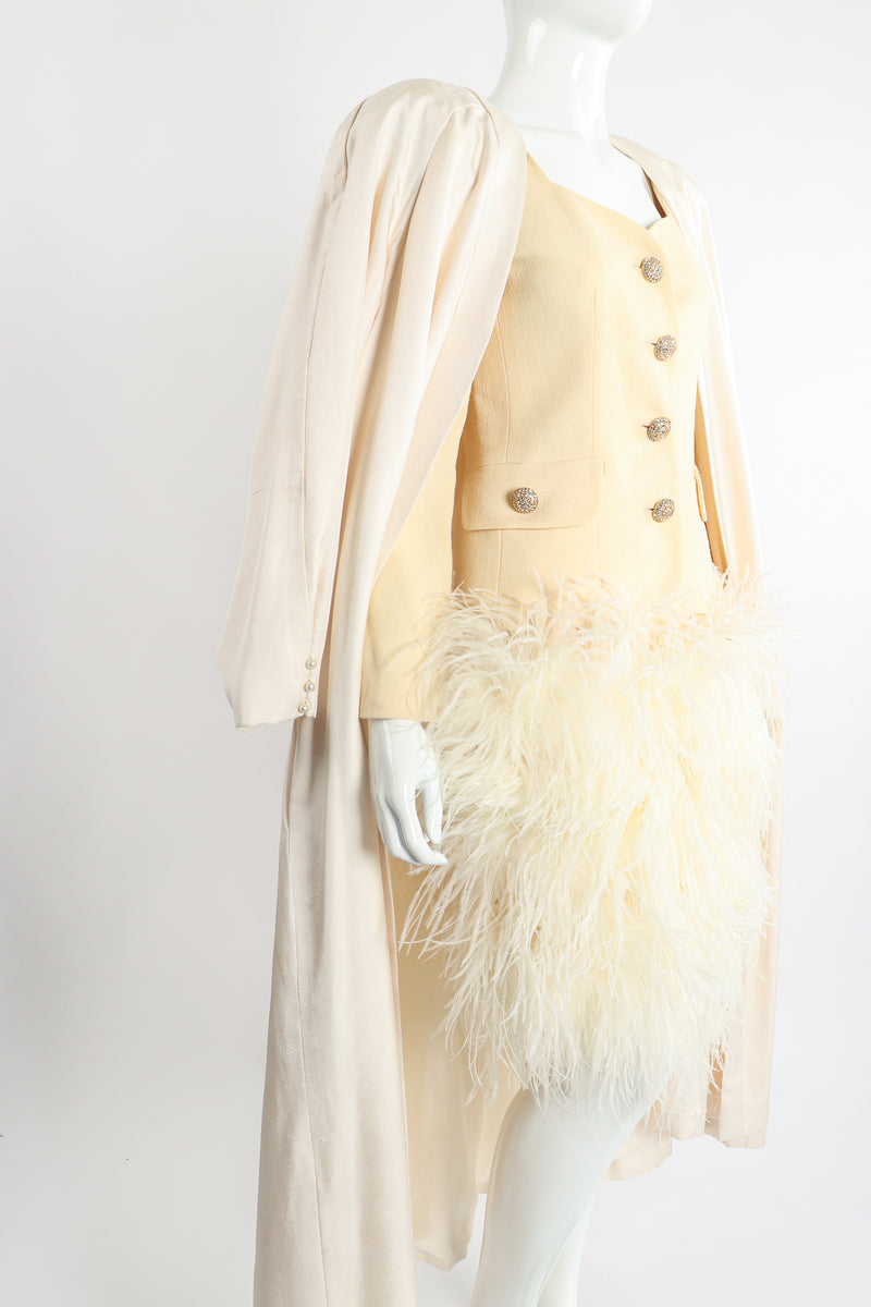 Vintage Teri Jon Wedding bridal Ostrich Pouf Jacket & Skirt Set on Mannequin Front Crop @ Recess LA
