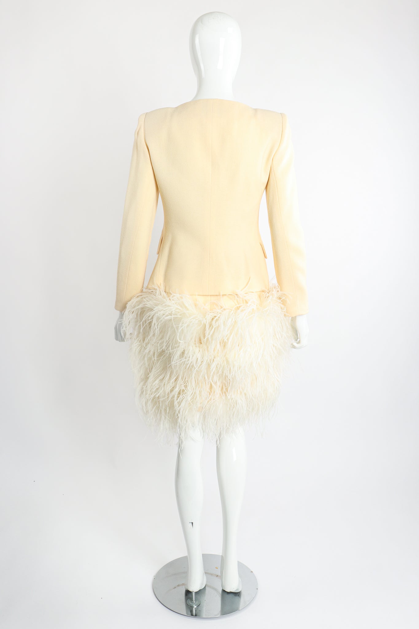 Vintage Teri Jon Wedding bridal Ostrich Pouf Jacket & Skirt Set on Mannequin Back @ Recess LA