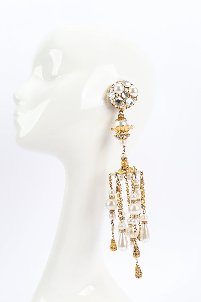 Vintage David Mandel Crystal Pearl Filigree Chandelier Earrings on mannequin @ Recess LA
