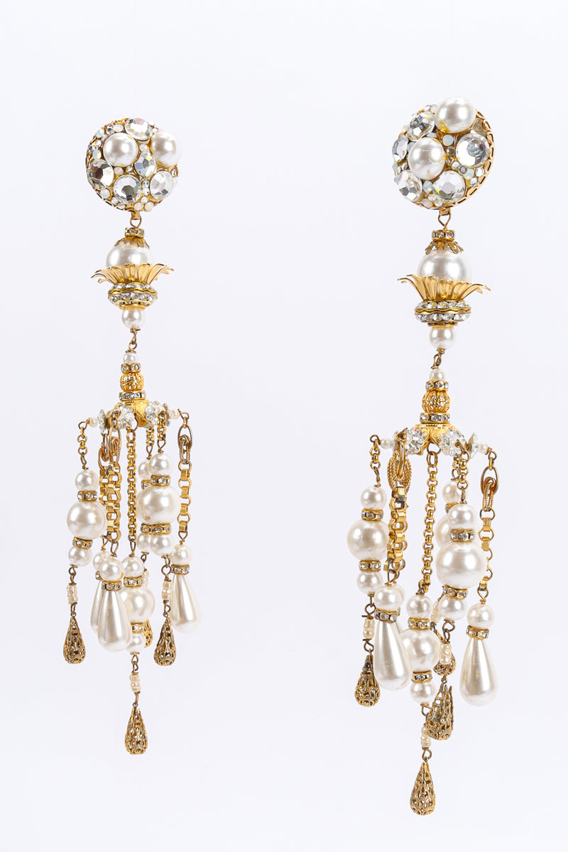 Vintage David Mandel Crystal Pearl Filigree Chandelier Earrings front hang @ Recess LA