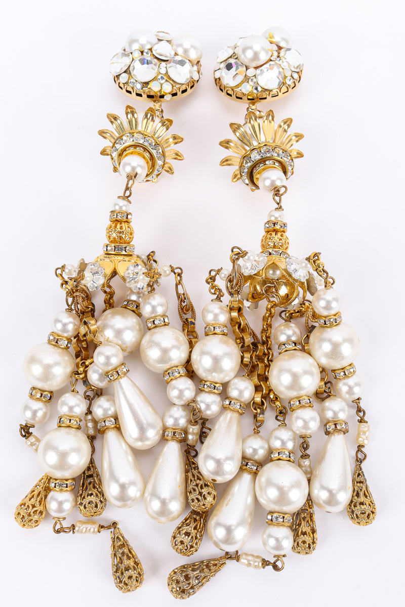 Vintage David Mandel Crystal Pearl Filigree Chandelier Earrings front flat lay @ Recess LA