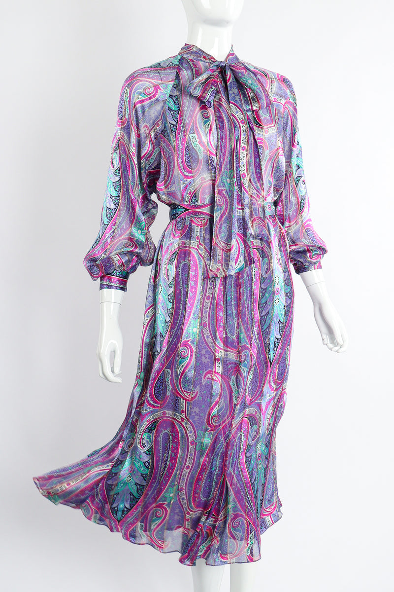 Vintage Silk Farm Sheer Paisley Blouse & Skirt Set on Mannequin angle at Recess Los Angeles