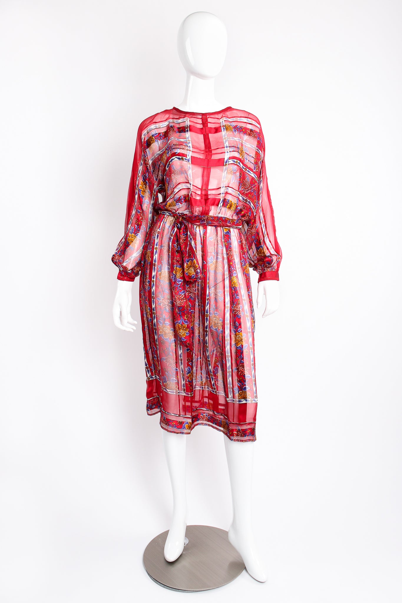Vintage The Silk Farm Sheer Striped Floral Silk Chiffon Dress on mannequin front at Recess LA