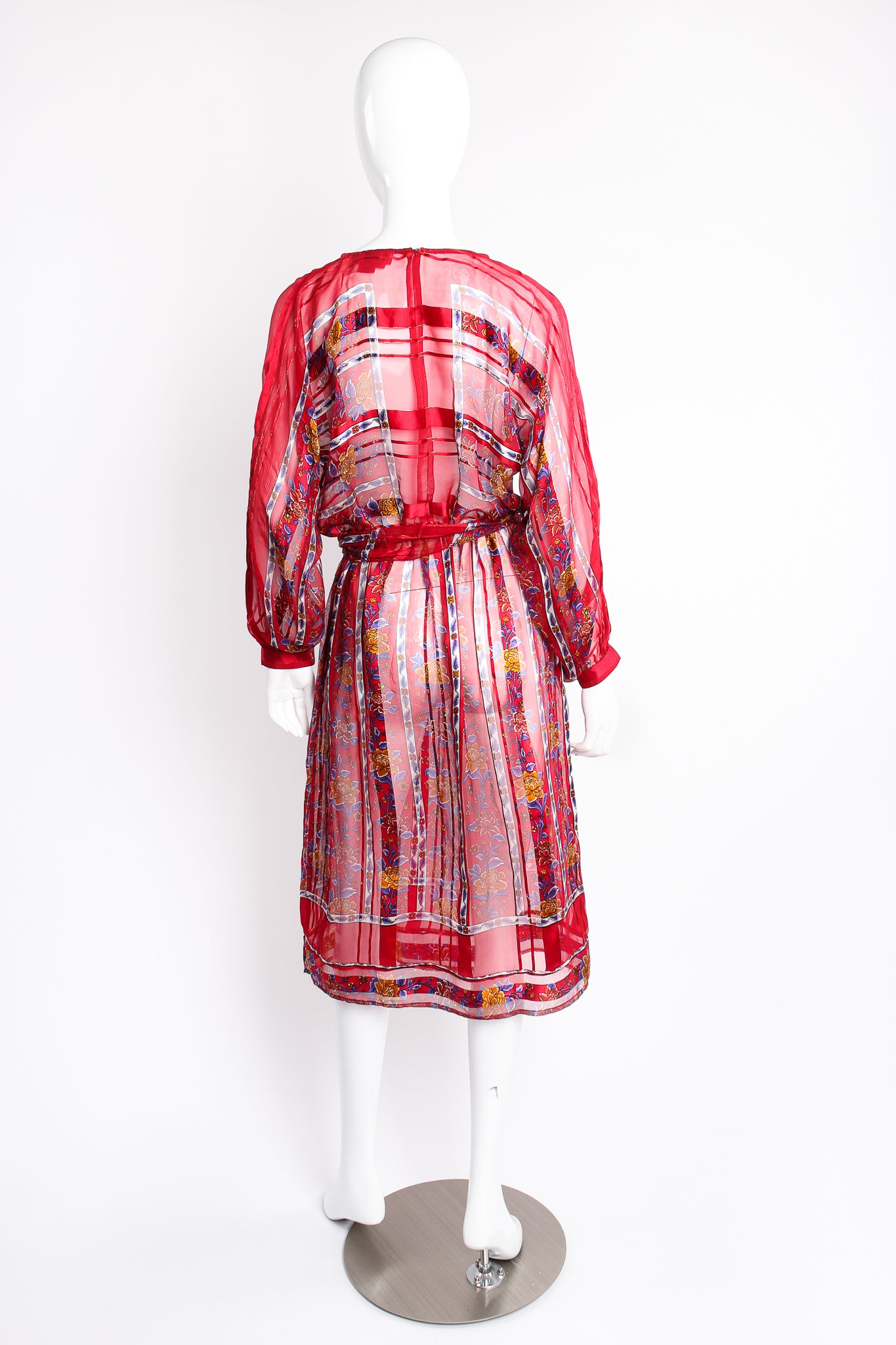 Vintage The Silk Farm Sheer Striped Floral Silk Chiffon Dress on mannequin back at Recess LA