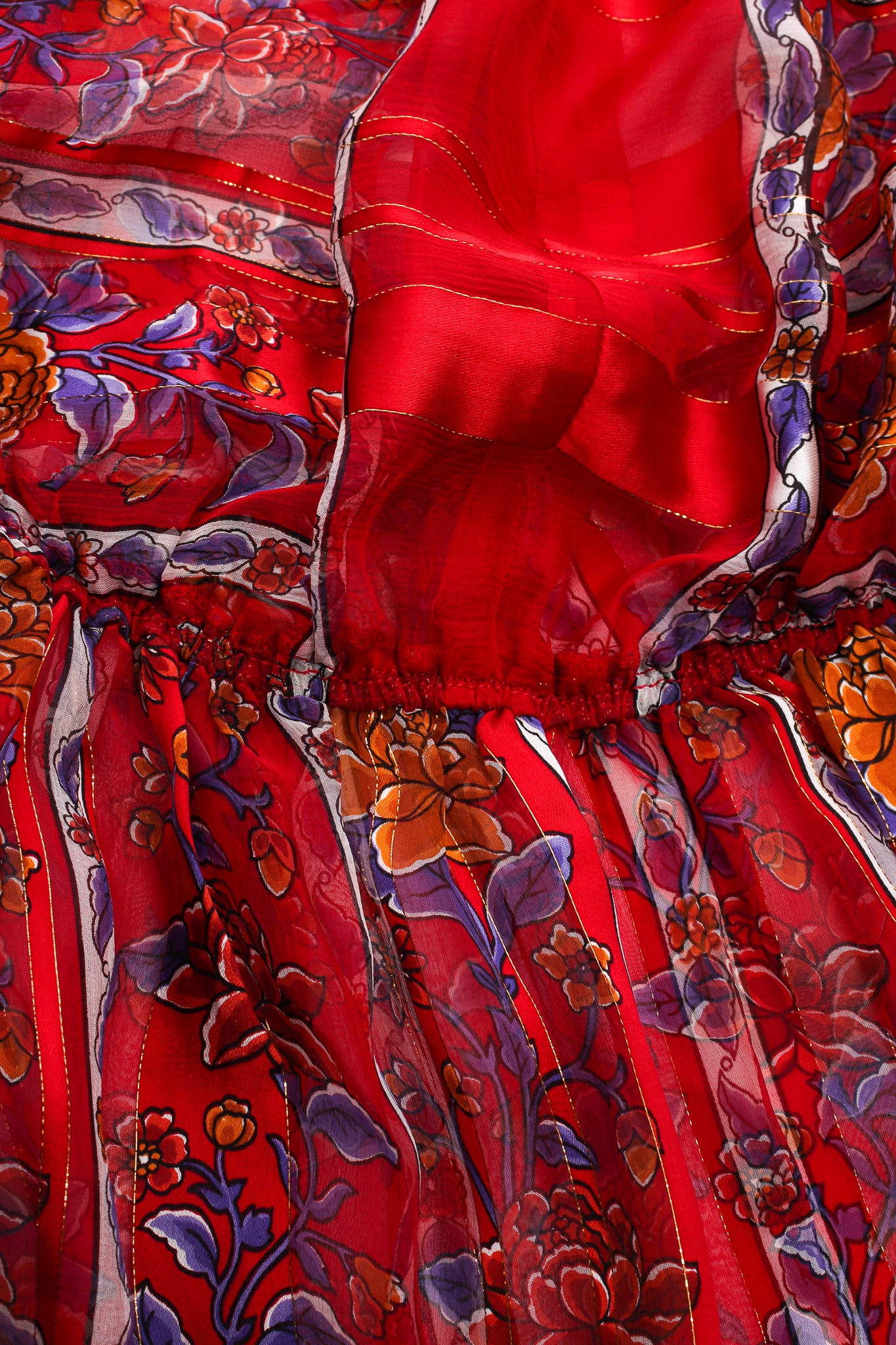 Vintage The Silk Farm Sheer Striped Floral Silk Chiffon Dress waist detail at Recess LA