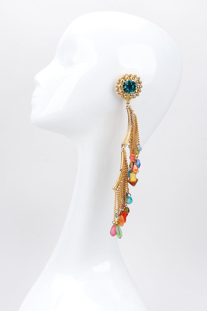 Recess Los Angeles Vintage David Mandel The Show Must Go On XL Rainbow Beaded Fringe Waterfall Dangle Earring