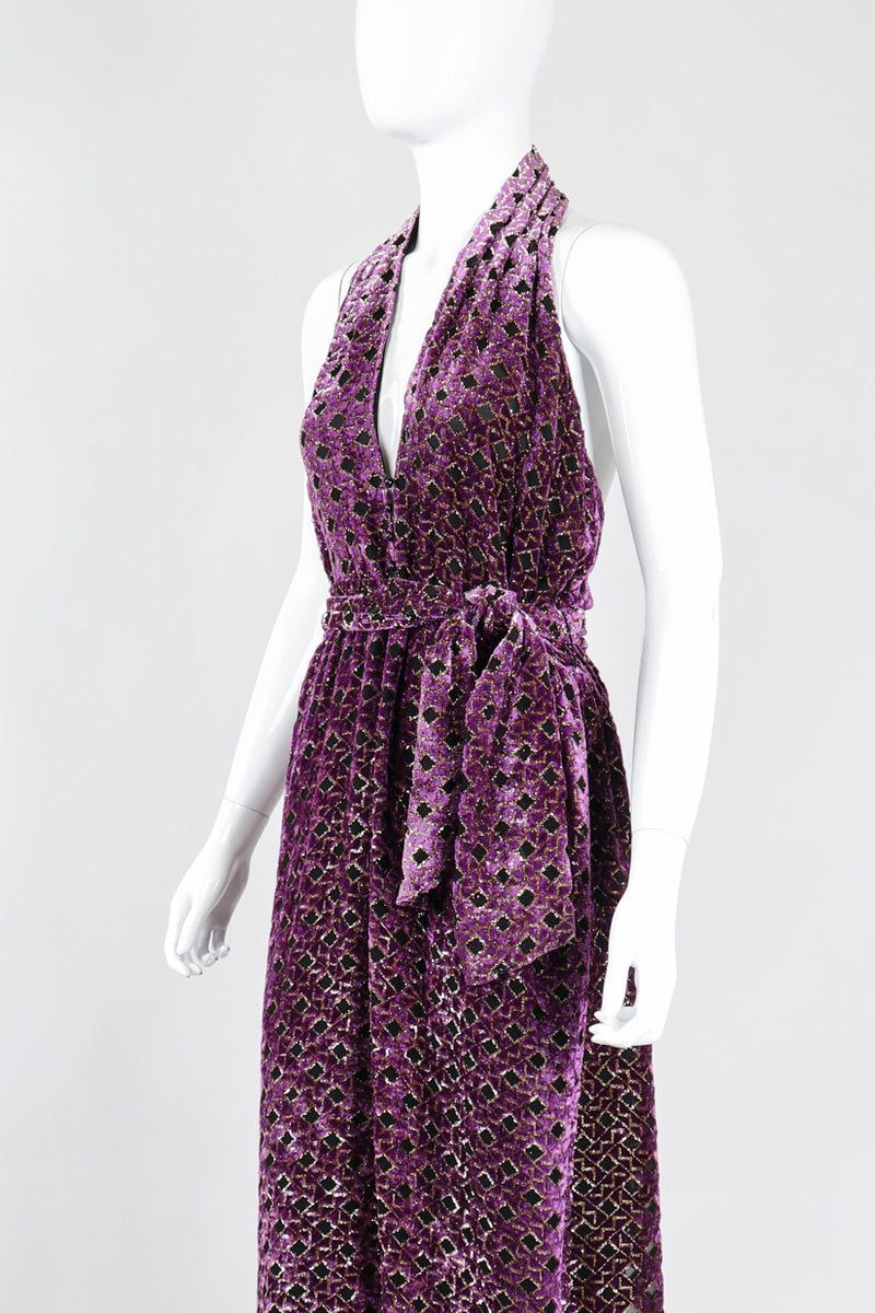 Recess Los Angeles Vintage The Silk Farm Velvet Lamé Burnout Lattice Halter Moroccan Tile Dress