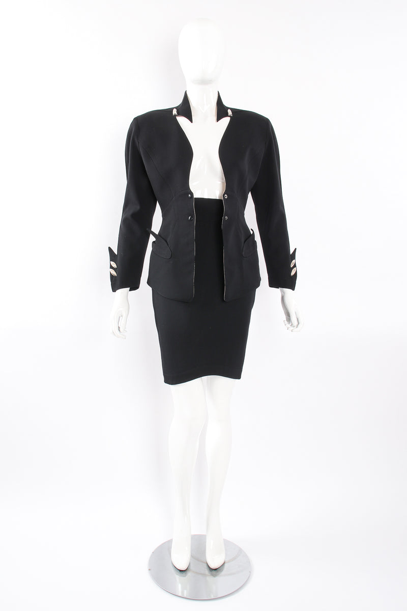 Vintage Thierry Mugler Cutout Collar Jacket & Skirt Set Toxic on Mannequin open at Recess LA