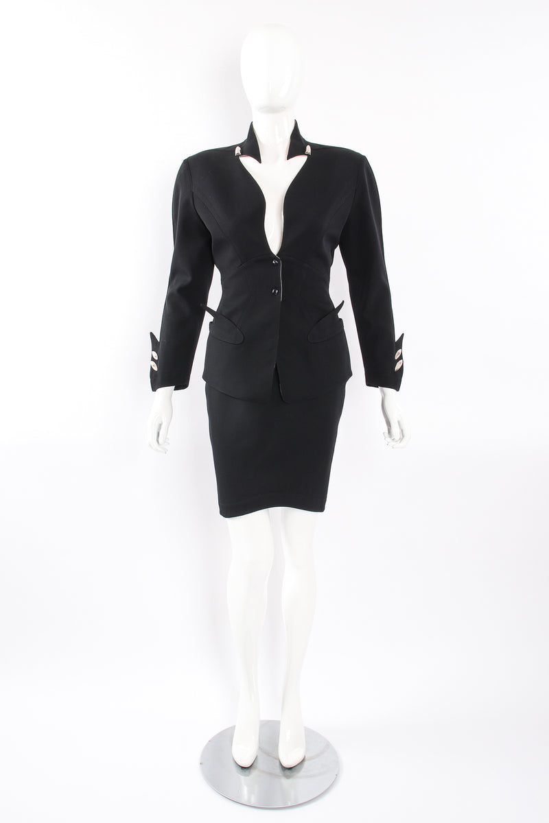 Vintage Thierry Mugler Cutout Collar Jacket & Skirt Set Toxic on Mannequin front at Recess LA