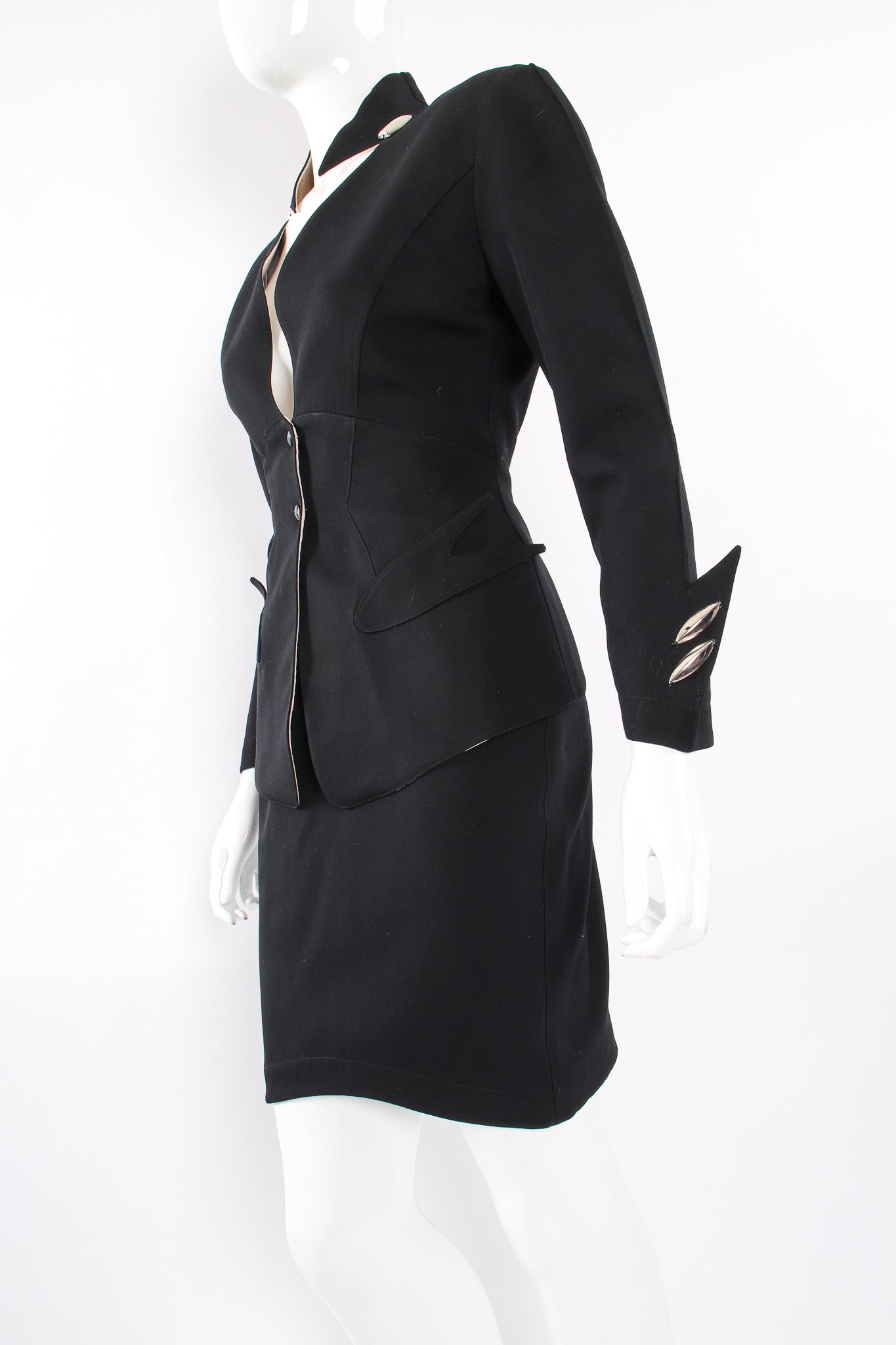 Vintage Thierry Mugler Cutout Collar Jacket & Skirt Set Toxic on Mannequin angle at Recess LA