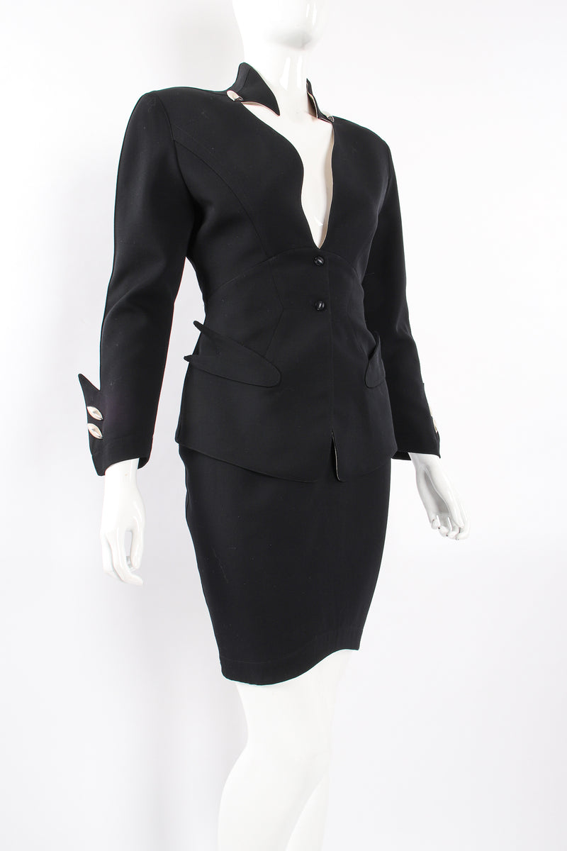 Vintage Thierry Mugler Cutout Collar Jacket & Skirt Set Toxic on Mannequin angle at Recess LA