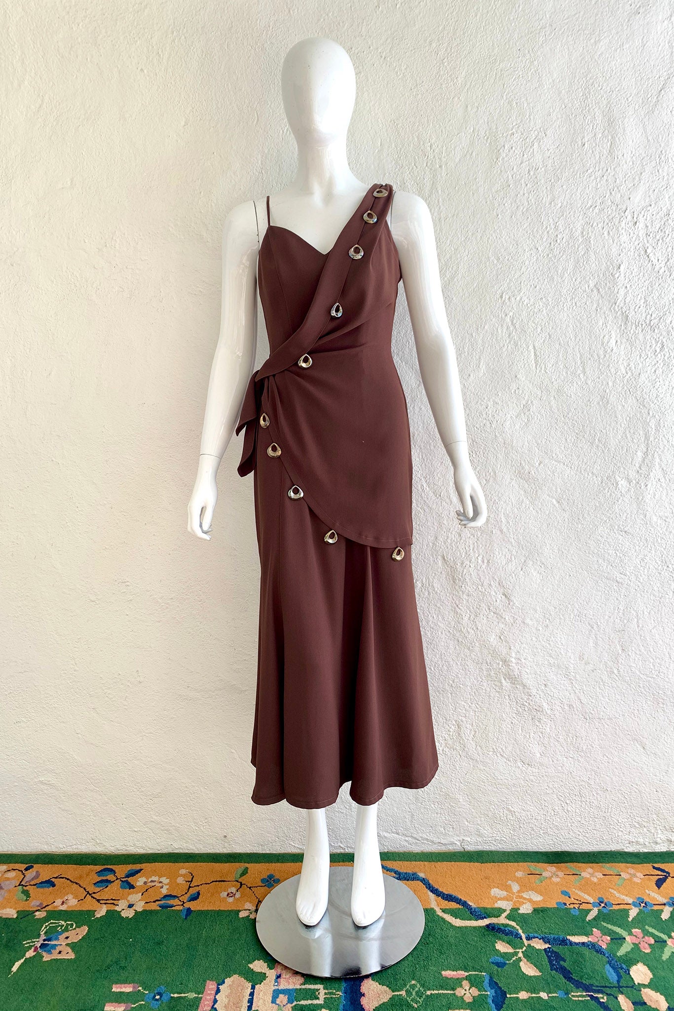 Vintage Thierry Mugler Asymmetric Wrap Dress On Mannequin Front at Recess Los Angeles