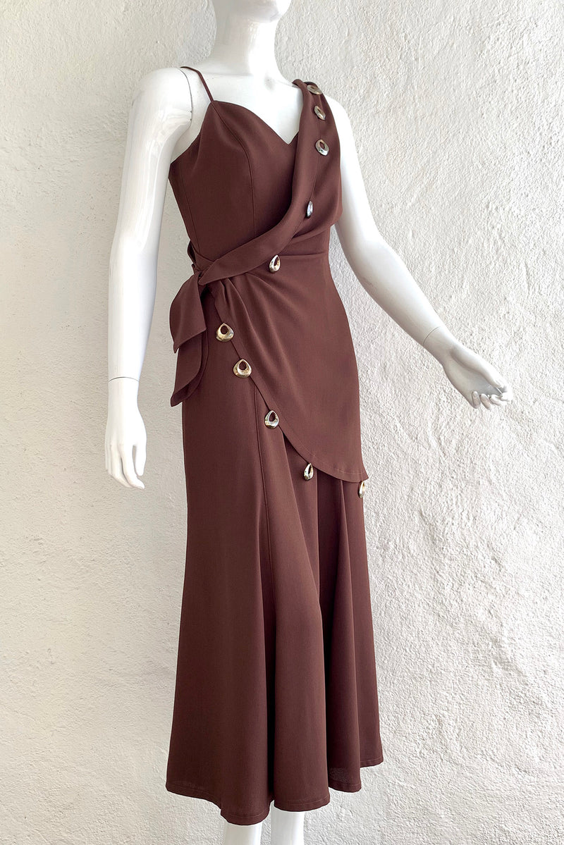 mugler brown dress Thierry Mugler brown wool faux wrap dress Moore Vintage Archive