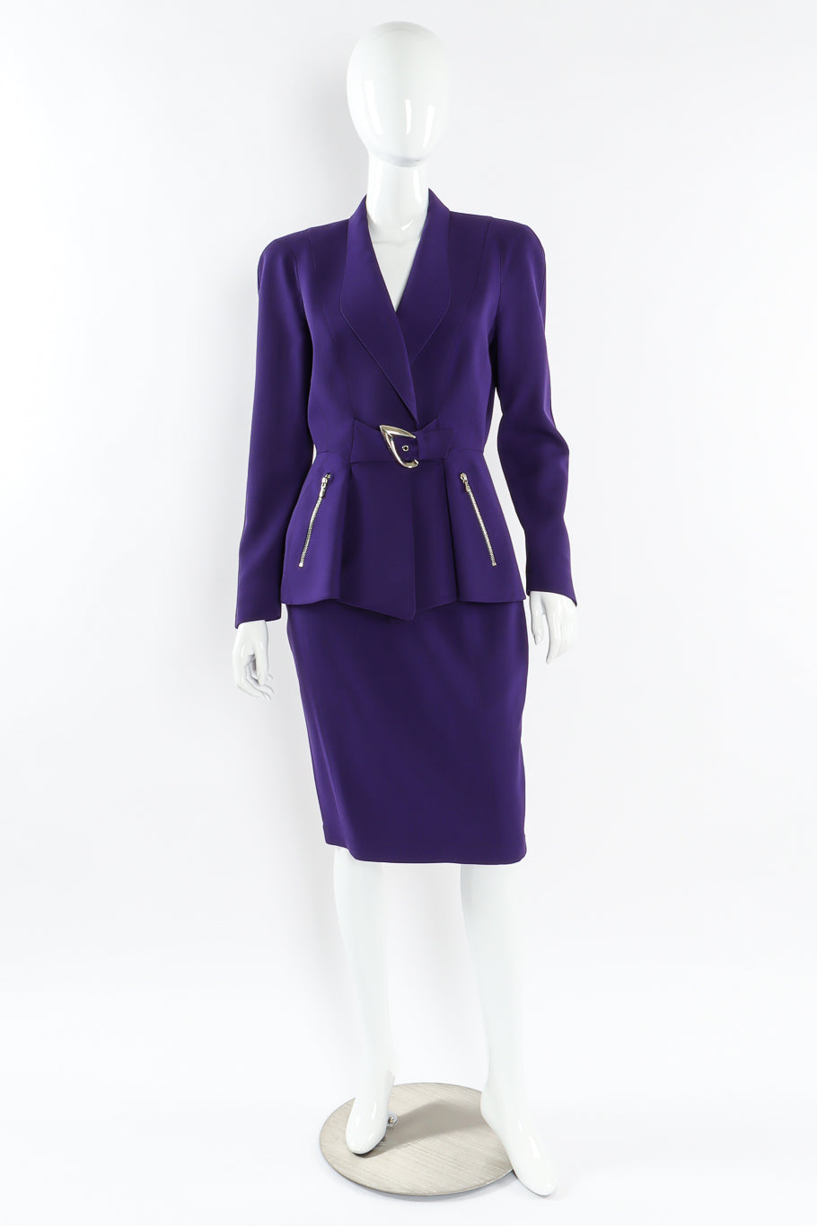 Vintage Thierry Mugler Buckle Jacket & Skirt Suit Set mannequin front @ Recess LA