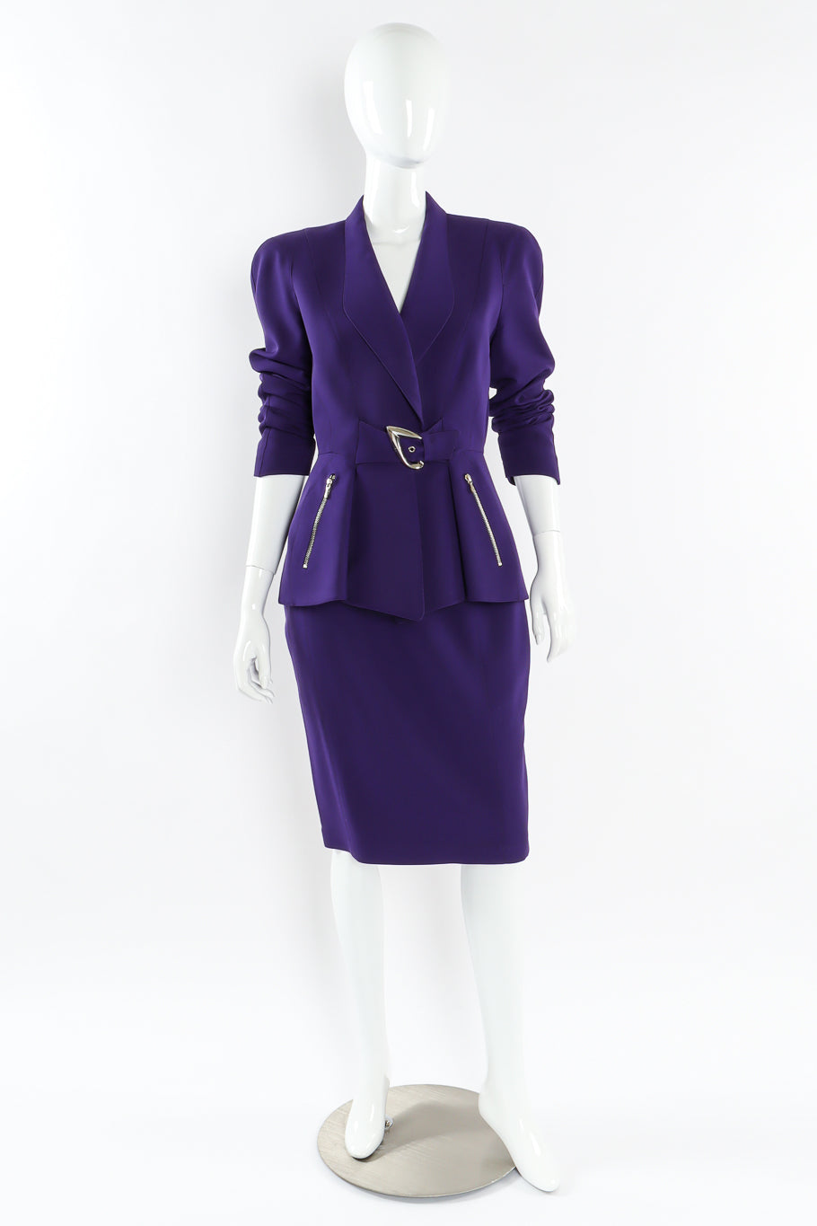 Vintage Thierry Mugler Buckle Jacket & Skirt Suit Set mannequin front rolled up  @ Recess LA