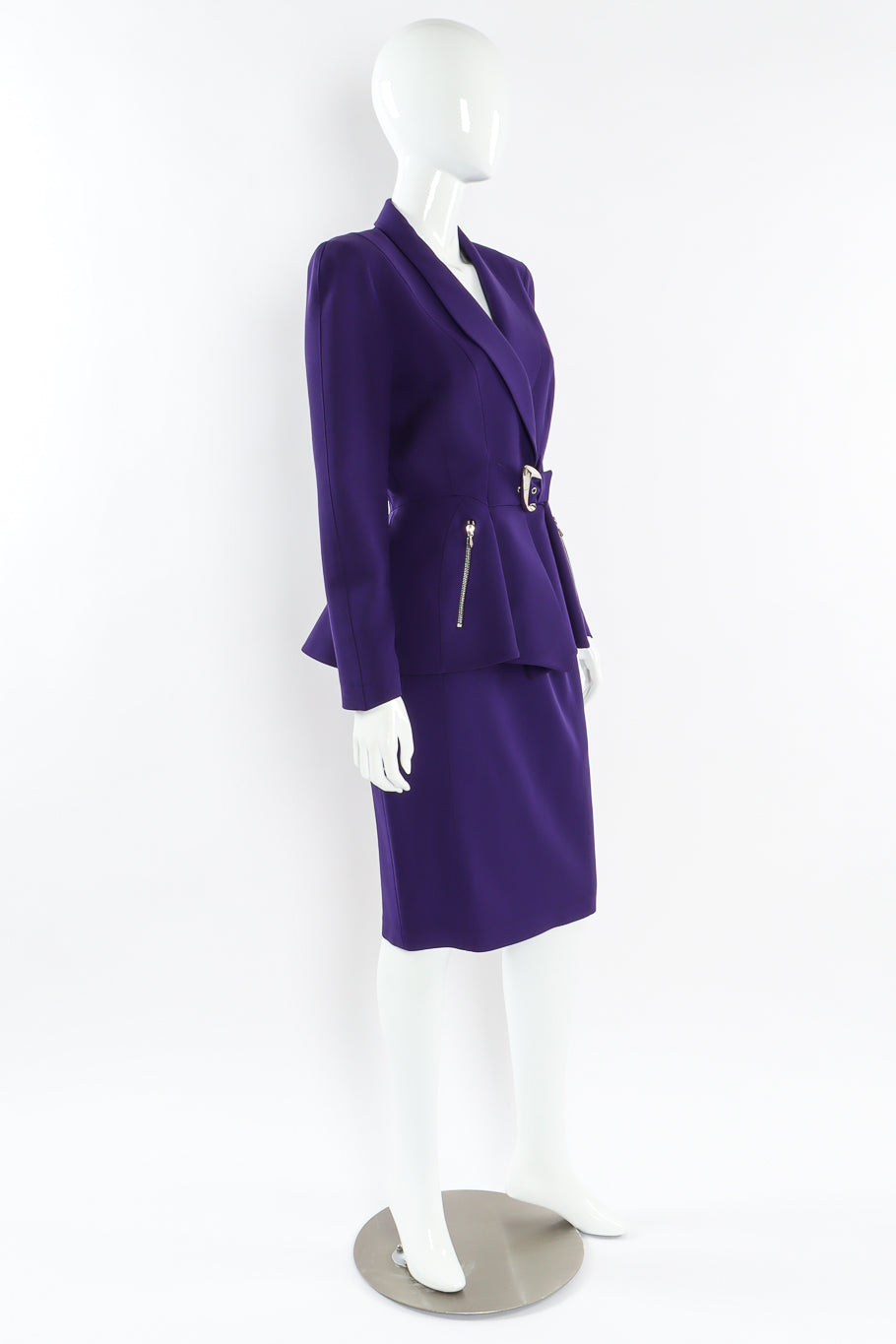 Vintage Thierry Mugler Buckle Jacket & Skirt Suit Set mannequin side angle @ Recess LA