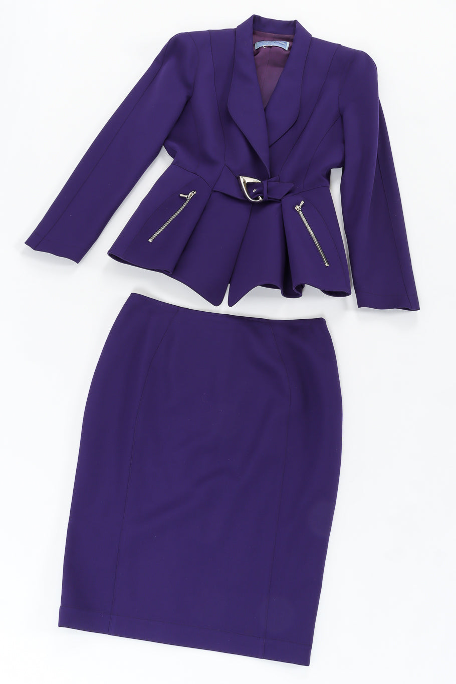 Vintage Thierry Mugler Buckle Jacket & Skirt Suit Set full set flat lay @ Recess LA
