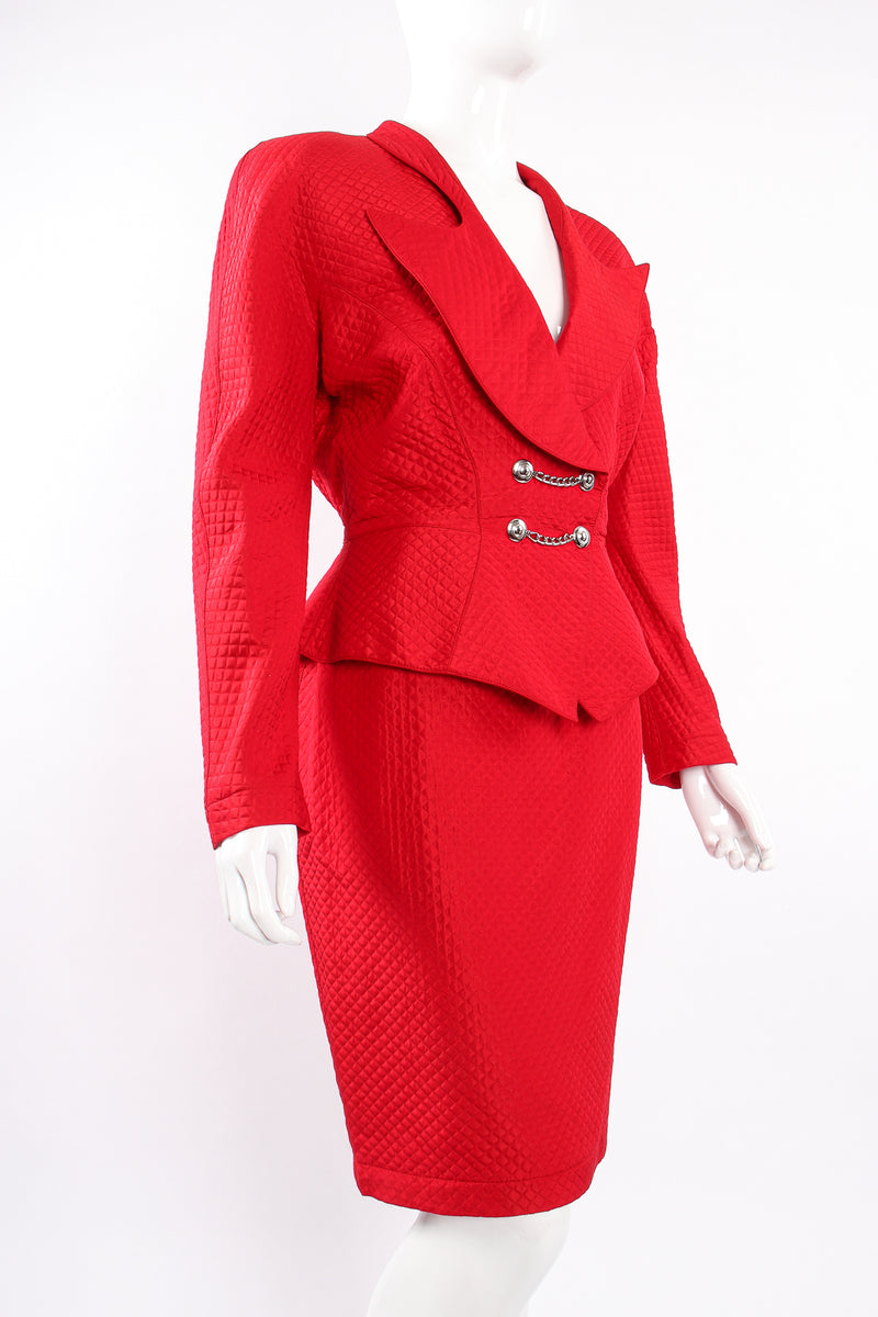 Vintage Thierry Mugler Quilted Peplum Jacket & Skirt Set on Mannequin angle at Recess Los Angeles