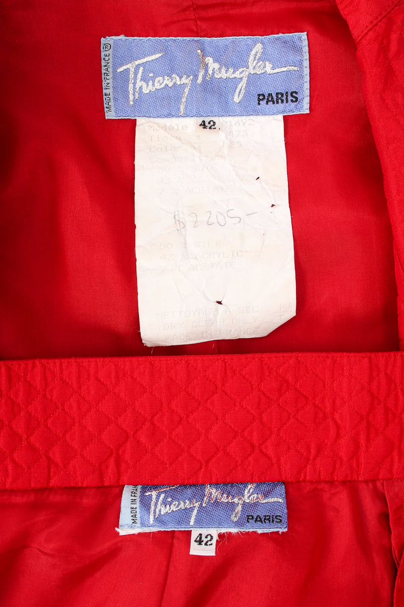 Vintage Thierry Mugler Quilted Peplum Jacket & Skirt Set labels at Recess Los Angeles