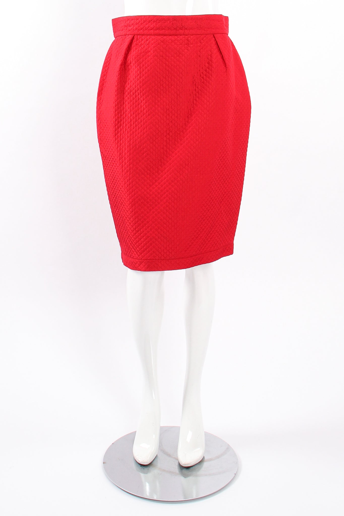 Vintage Thierry Mugler Quilted Peplum Jacket & Skirt Set on mannequin skirt front at Recess LA