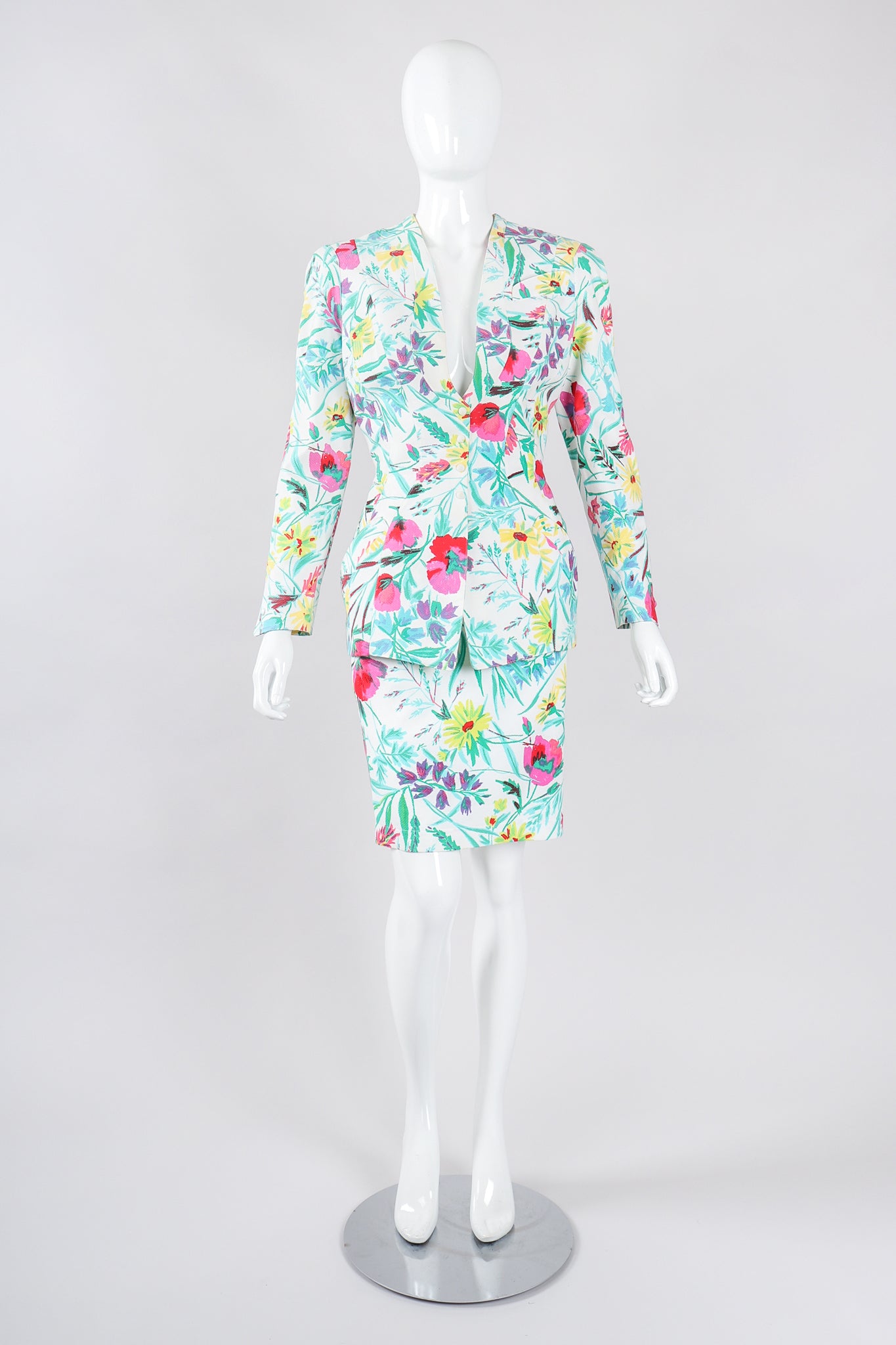 Recess Los Angeles Designer Consignment Vintage Thierry Mugler Floral Watercolor Matelassé Jacket & Skirt Suit Set