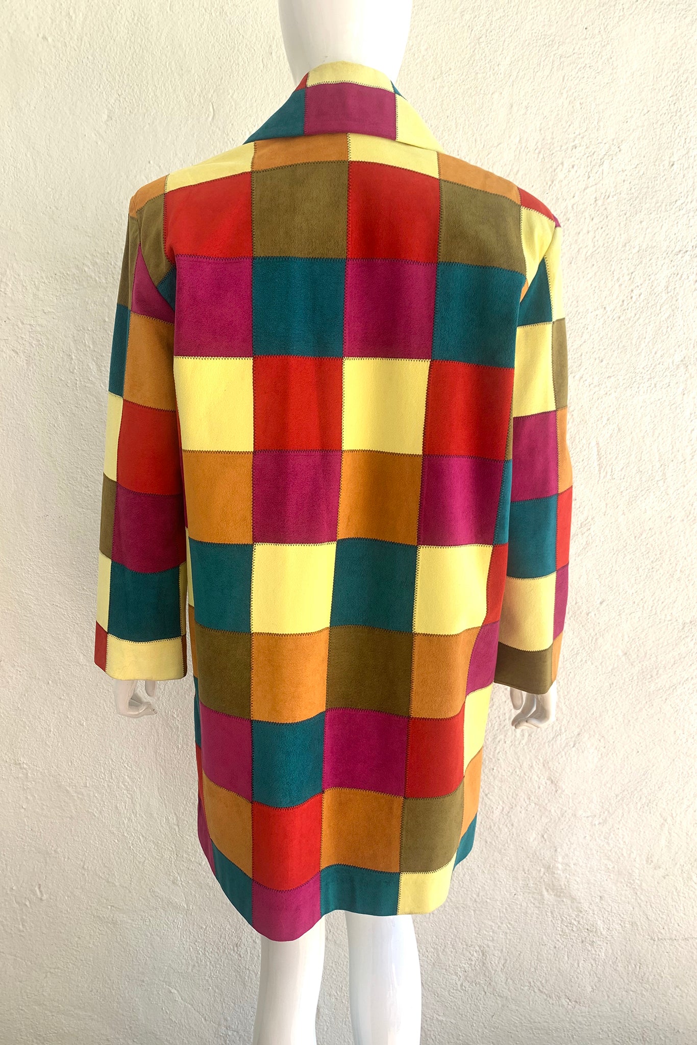 Vintage Todd Oldham Ultrasuede Patchwork Jacket & Skirt Set on Mannequin back at Recess